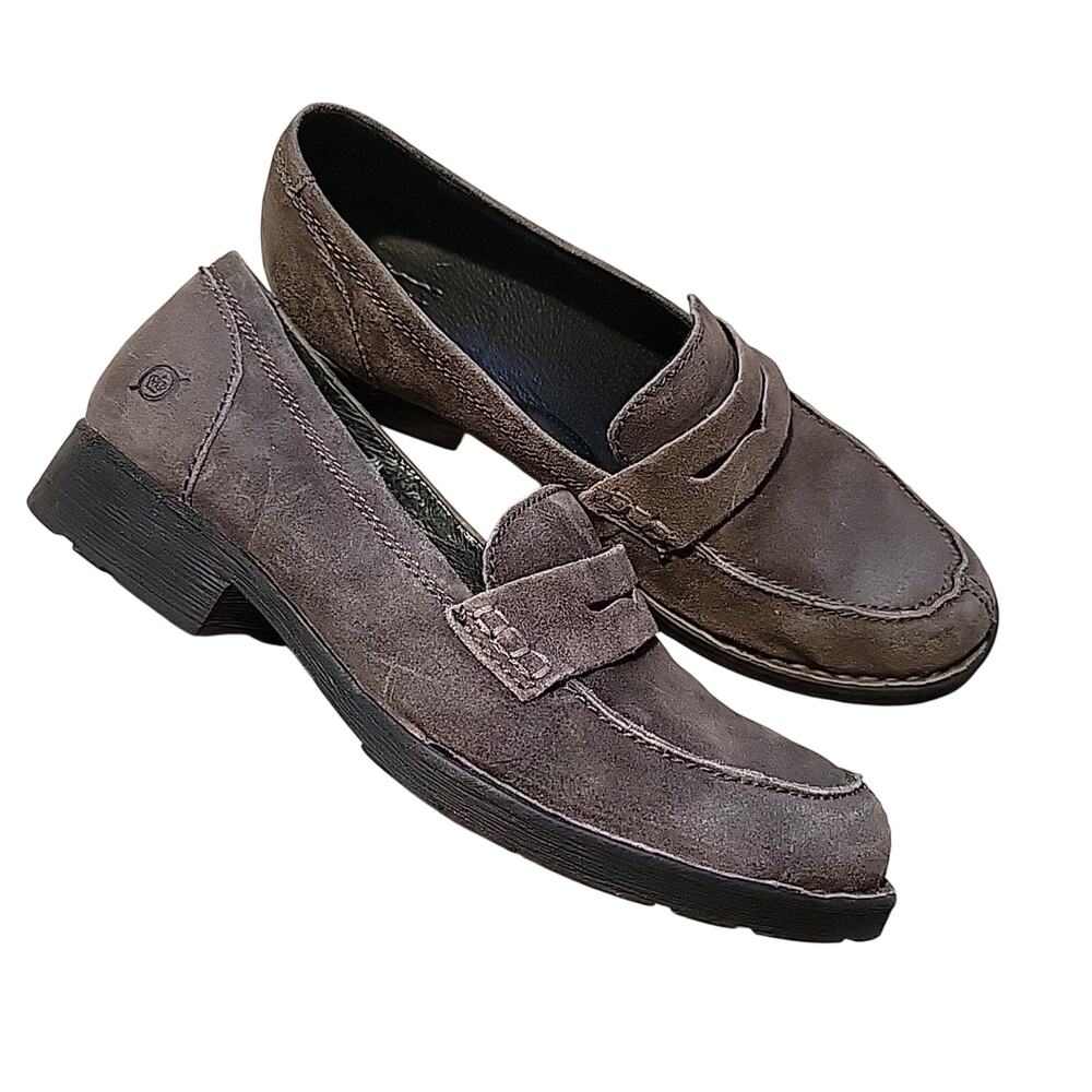 Born Carrera Shoes Womens 8M Penny Loafers Grey Suede F05922